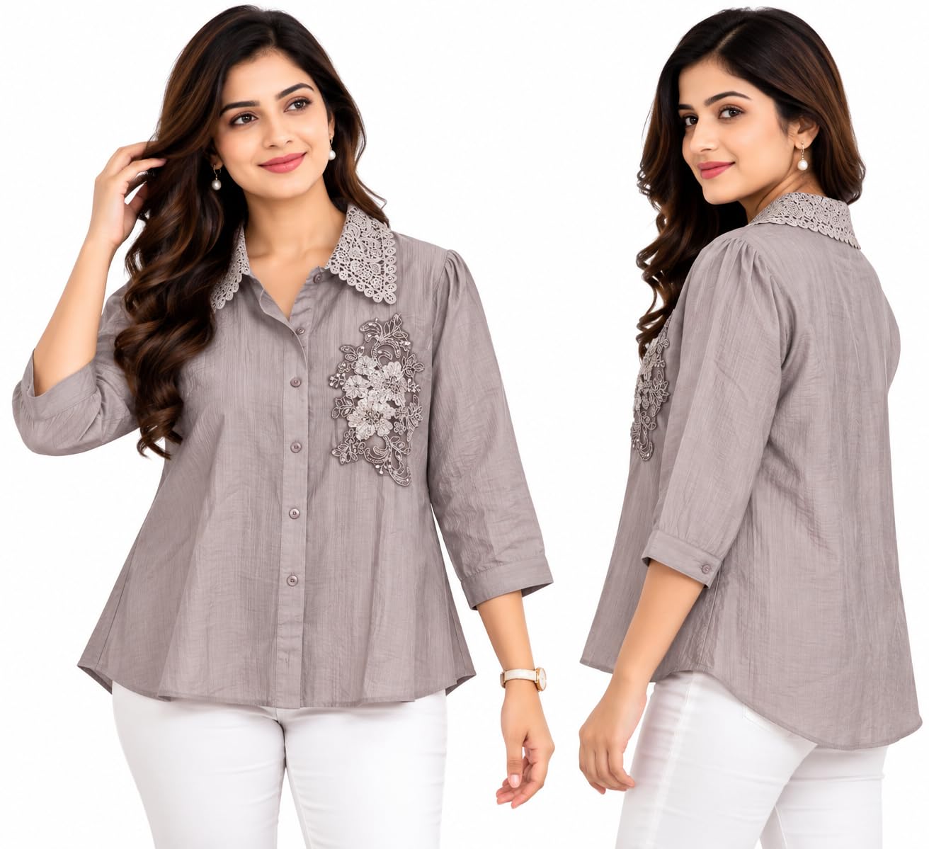 Buy Women's Grey-Taupe Shirt Top with Lace Collar & Floral